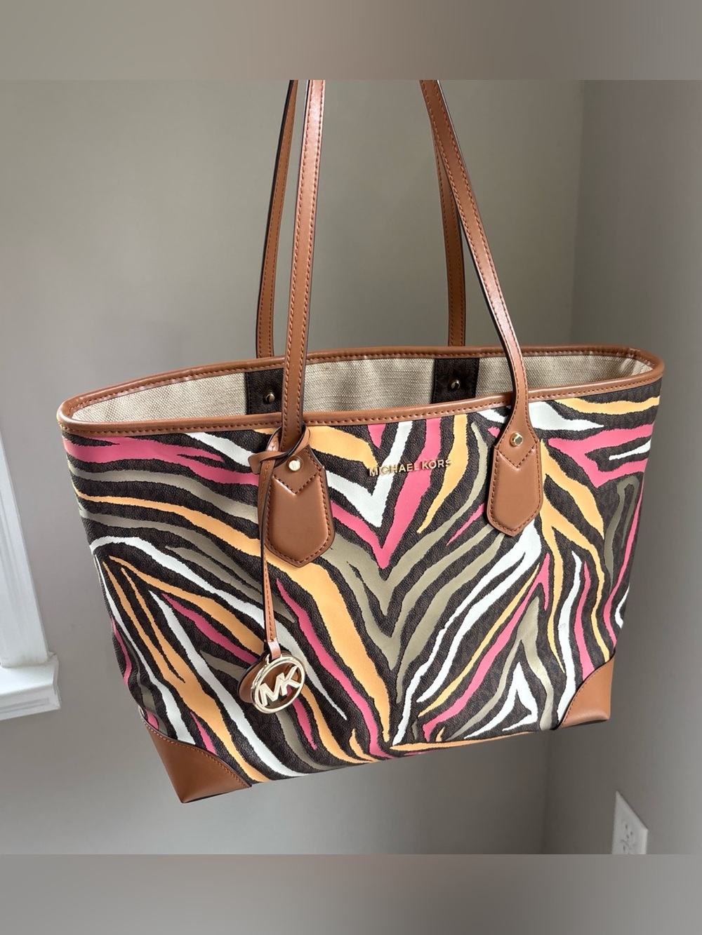 Michael Kors Multicolor Zebra Tote with Tan Trim